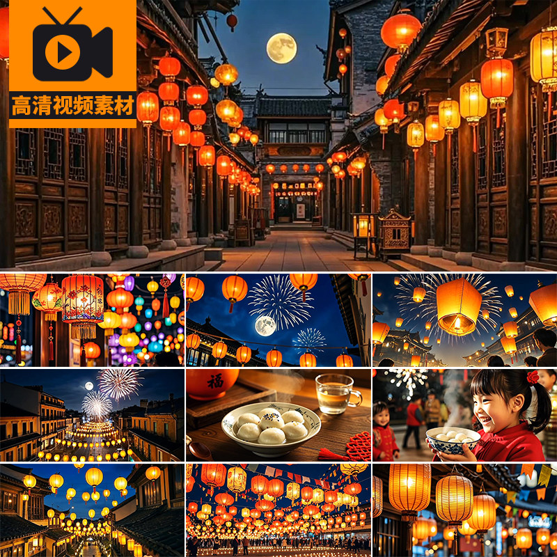 元宵节日闹市灯笼河灯汤圆喜庆烟花孔明灯会花灯春节高清视频素材