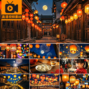 元宵节日闹市灯笼河灯汤圆喜庆烟花孔明灯会花灯春节高清视频素材