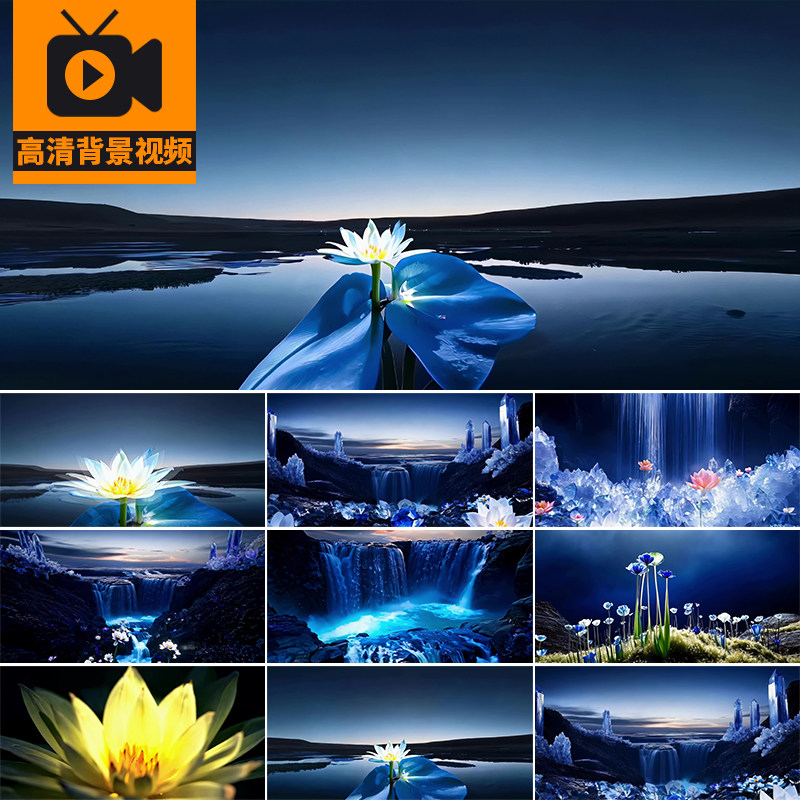 蓝色意境花海河流瀑布莲花荷花朵梦幻表演出舞台LED背景视频素材
