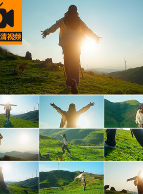 拥抱阳光奔向奔跑青春活力清新自然风景山顶追逐梦想实拍视频素材