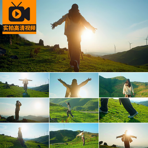 拥抱阳光奔向奔跑青春活力清新自然风景山顶追逐梦想实拍视频素材