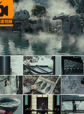 江南园林中式古建筑古风意境空境下雨滴水墨书法庭院实拍视频素材