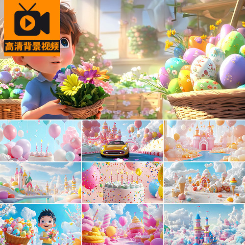 卡通糖果城堡梦幻天空气球幼儿园儿童节生日蛋糕LED背景视频素材
