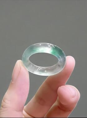 天然翡翠玉戒指女款独龙玉A货高冰种绿飘花玉戒素圈指环正宗尾戒