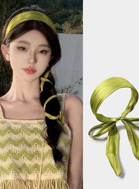 新款真丝发箍带飘带韩国绿色发带女绑发纯色高级感头箍森系头饰女