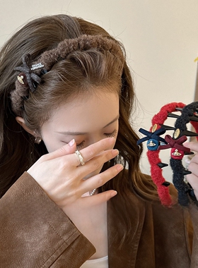 秋冬复古毛绒发箍女2025新款高颅顶带齿发箍蝴蝶结头箍压发卡发饰