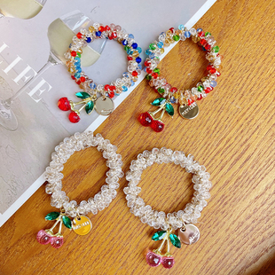 2025韩版水钻彩色樱桃水晶手链两用发圈头绳闺蜜发绳扎马尾头饰