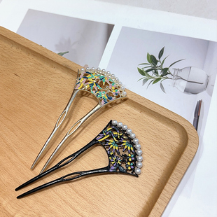 竹园篱笆!彩绘珍珠镂发簪!U型发簪新中式后脑勺盘发簪子女头饰