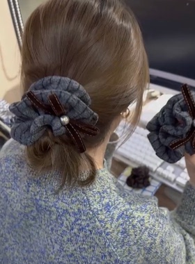 韩系灰色条纹蝴蝶结双层大肠发圈女扎头发丸子头发绳头绳皮筋发饰