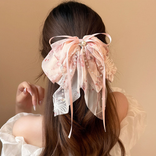轻奢网纱碎花蝴蝶结发夹