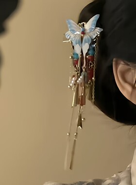 2026新款新中式景泰蓝国风蝴蝶流苏发夹女古风步摇流苏汉服发饰潮