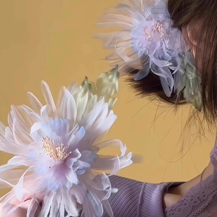 【如烟】淡紫菊花仿烫花薄纱绢花发夹古风汉服发饰国风仙女头饰