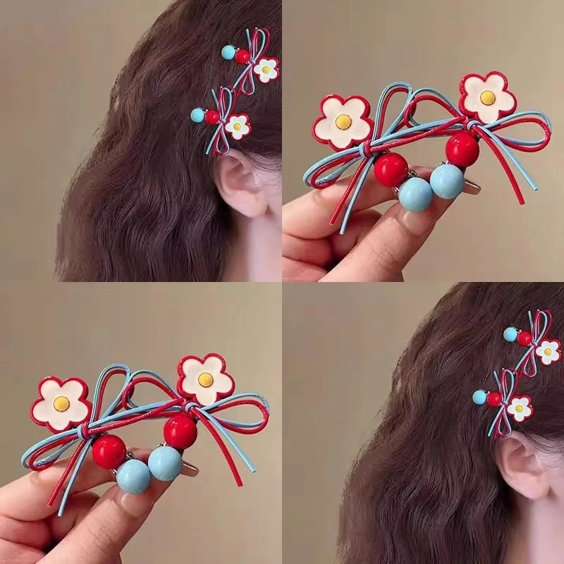 韩系红蓝撞色发夹小花蝴蝶结