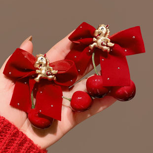 儿童2026红色喜庆新年樱桃蝴蝶结发夹马年发卡刘海侧边夹过年发饰