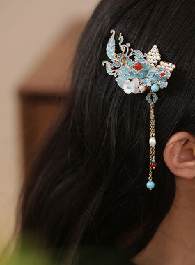 汉服头饰步摇流苏古典烧蓝新中式马面裙结婚发饰侧边夹旗袍发饰女