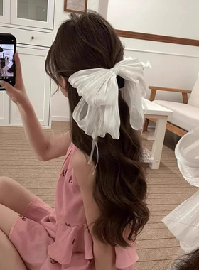 超仙白色网纱蝴蝶结飘带发夹女后脑勺夹子高级感顶夹碎发卡发饰品