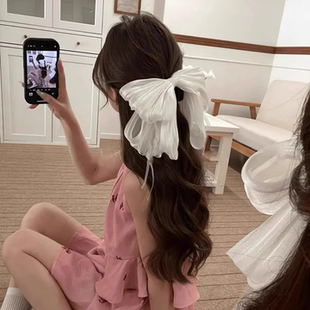 超仙白色网纱蝴蝶结飘带发夹女后脑勺夹子高级感顶夹碎发卡发饰品