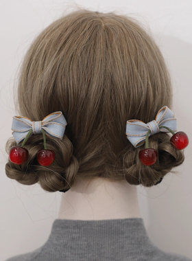名狐甜美森系头饰复古樱桃蝴蝶结发夹森系鸭嘴夹对夹侧边夹刘海夹