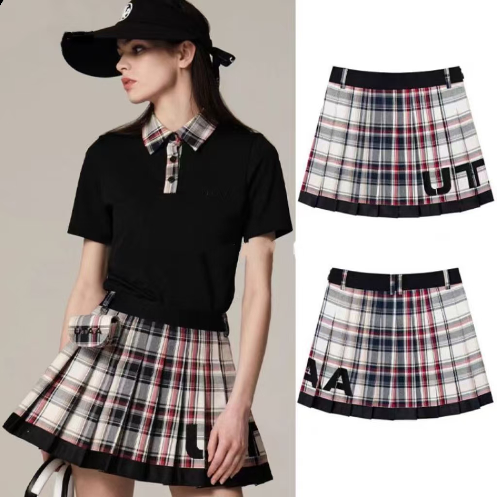 女士高尔夫球服韩国25春夏golf字标格子百褶半身裙防走光运动短裙