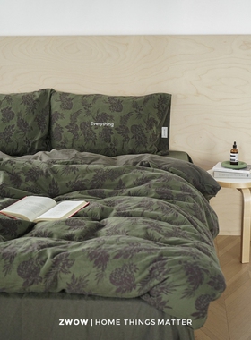 造卧zwow轻奢新中式复古菠萝提花法式中古绿色全棉纯棉床品四件套