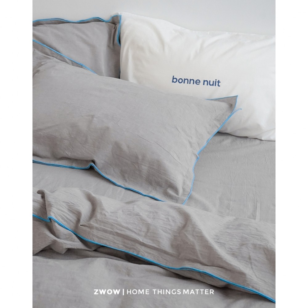 造卧zwow简约北欧风烟灰色蓝边水洗棉床品四件套全棉纯棉2025新款