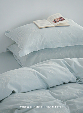 造卧旗舰店zwow缎纹花卉提花亲肤天蓝色密拷边100全棉床单四件套