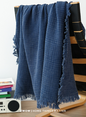 造卧zwow复古中古风皱皱纱全棉古法水洗蓝色多功能盖毯沙发毯子