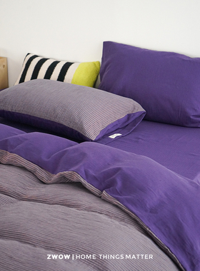 造卧zwow色织双层纱100全棉纯棉格子紫色亲肤柔软床单床笠四件套