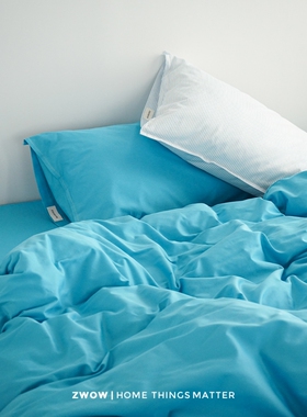 造卧zwow轻奢全棉贡缎长绒棉60支高饱和蓝色细条纹床单床笠四件套