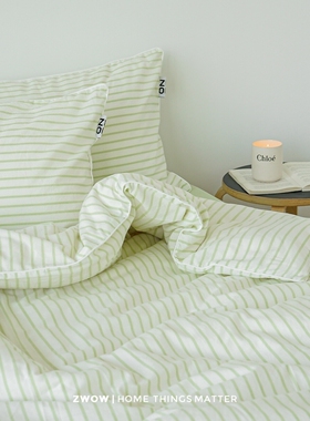 造卧zwow春秋小清新薄荷曼波绿色条纹水洗纯棉全棉床上床单四件套