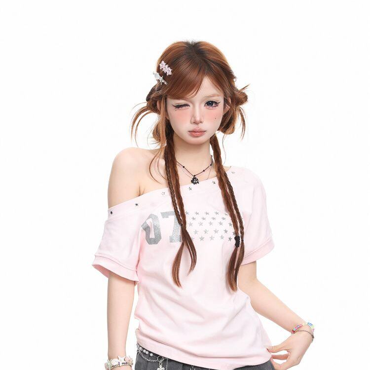 美式星星印花铆钉斜肩短袖T恤女夏季设计感上衣