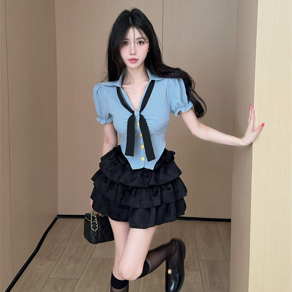 学院风制服两件套短款领带衬衫+高腰蛋糕蓬蓬短裙