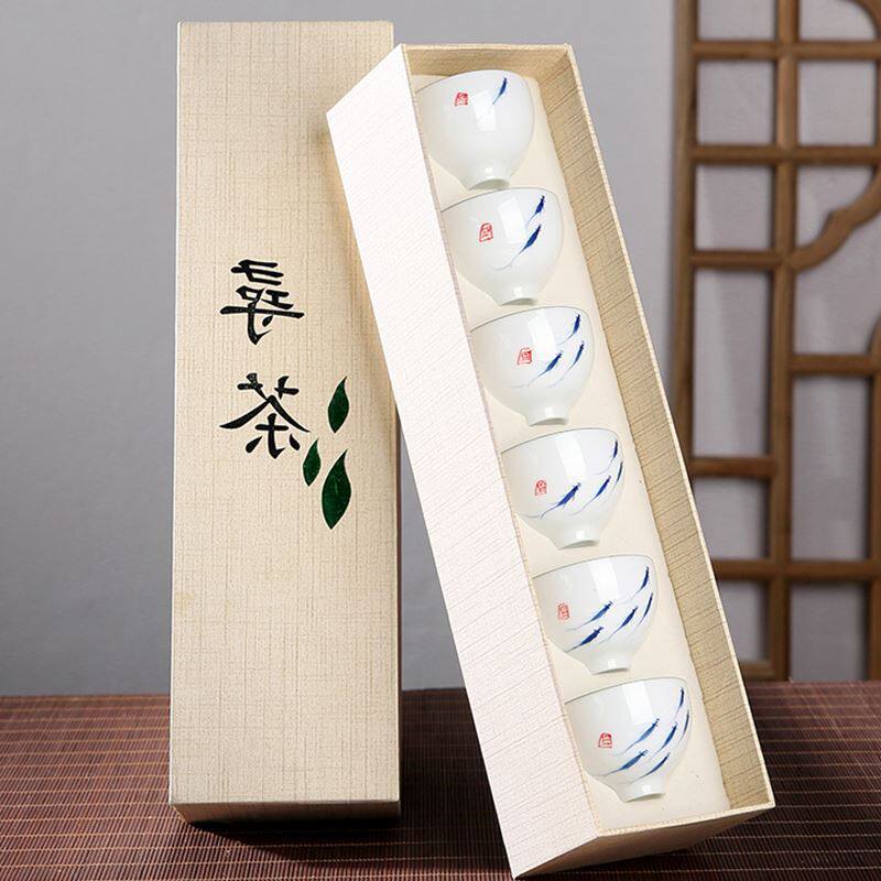 手绘白瓷茶杯套装陶瓷功夫茶具品茗杯主人个人单杯小茶盏整套礼盒