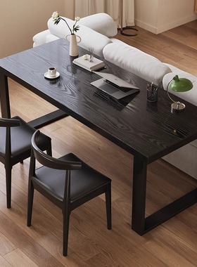 实木客厅大长书桌家用简约长条桌黑色大板桌书房电脑桌中古风餐桌