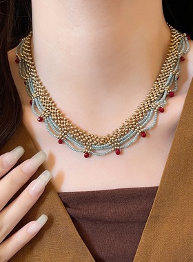 波西米亚多层蕾丝撞色小米珠项链
