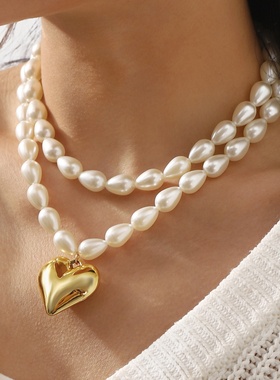法式复古珍珠爱心吊坠项链套装