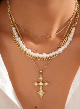 欧美复古镶钻仿珍珠串珠项链