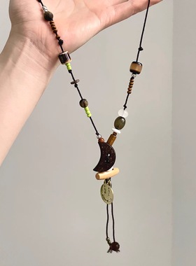 Vintage古着 National style black crescent tassel项链