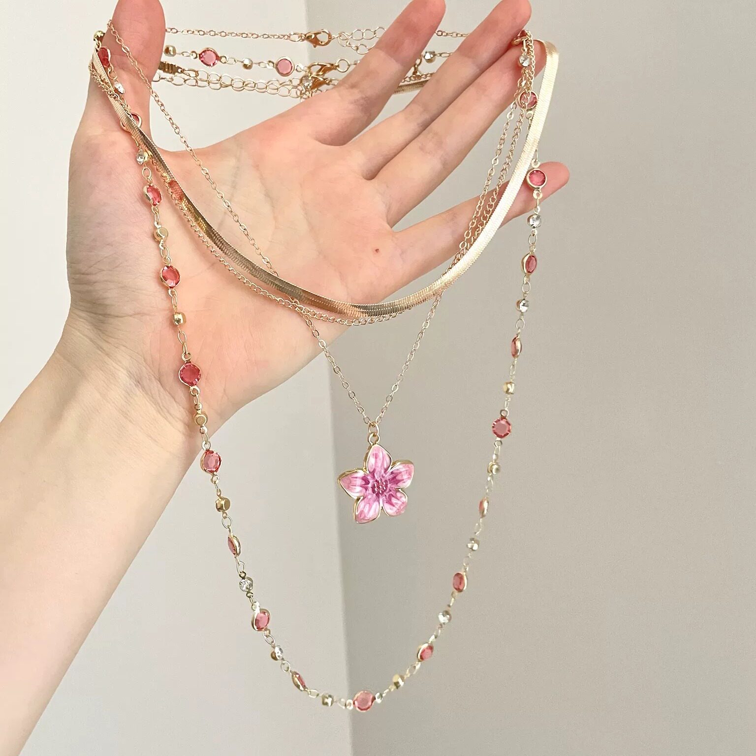 Vintage古着 Pink cherry gold项链 - 实物图