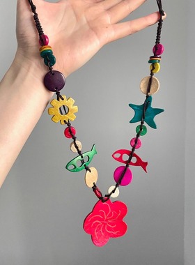 Vintage古着 Colorful ocean波西米亚彩色混搭木质项链