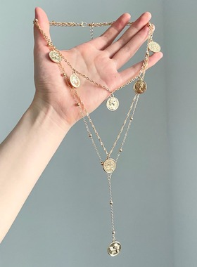 Vintage古着 Multi-layer golden round tag tassels项链