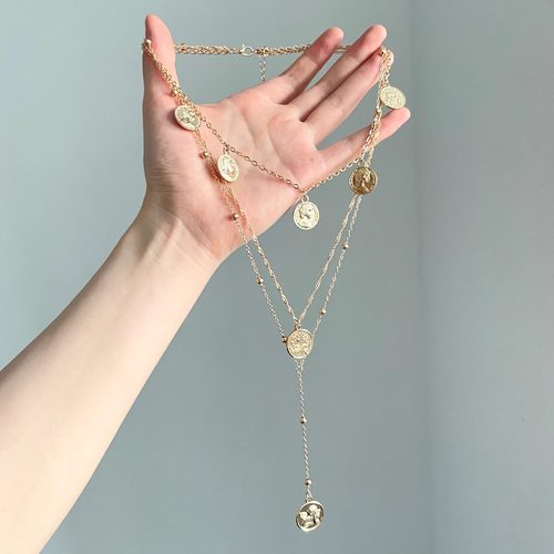 Vintage古着 Multi-layer golden round tag tassels项链