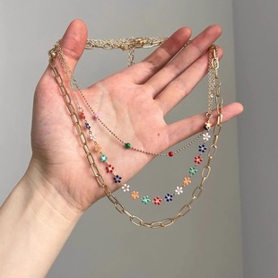 flower Vintage古着 paint oil gold项链 Drop