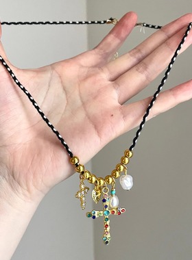 Vintage古着 Colored zirconium beaded cross项链
