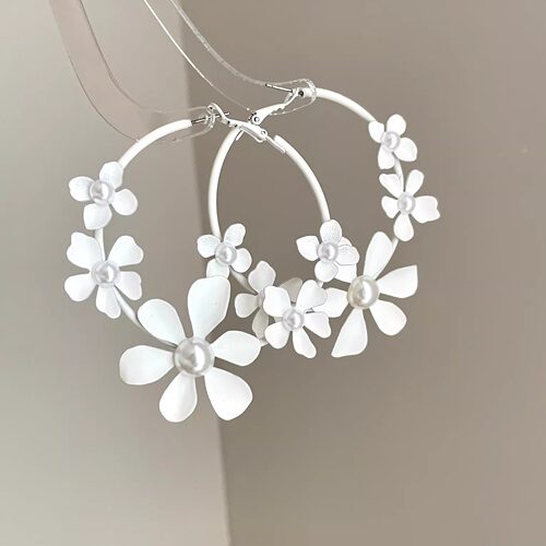 Vintage古着 Metal ring white flower耳饰
