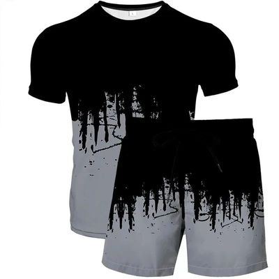 Men's striped ink 3D printed T-shirt and shorts set sportswe