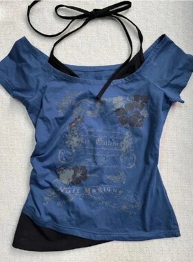 Vintage Fake Two Piece Halter Lace Up T-shirts Y2k Slim Fit