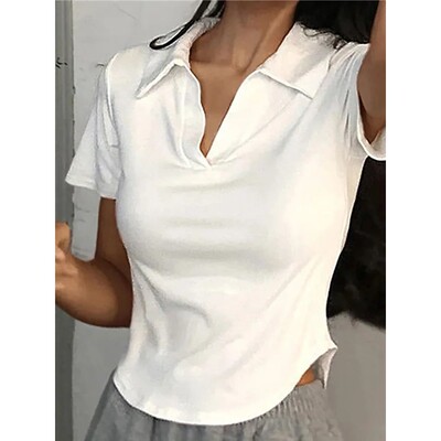 Summer Short Sleeve Lapel Top Women'S Solid V-Neck Pullovers