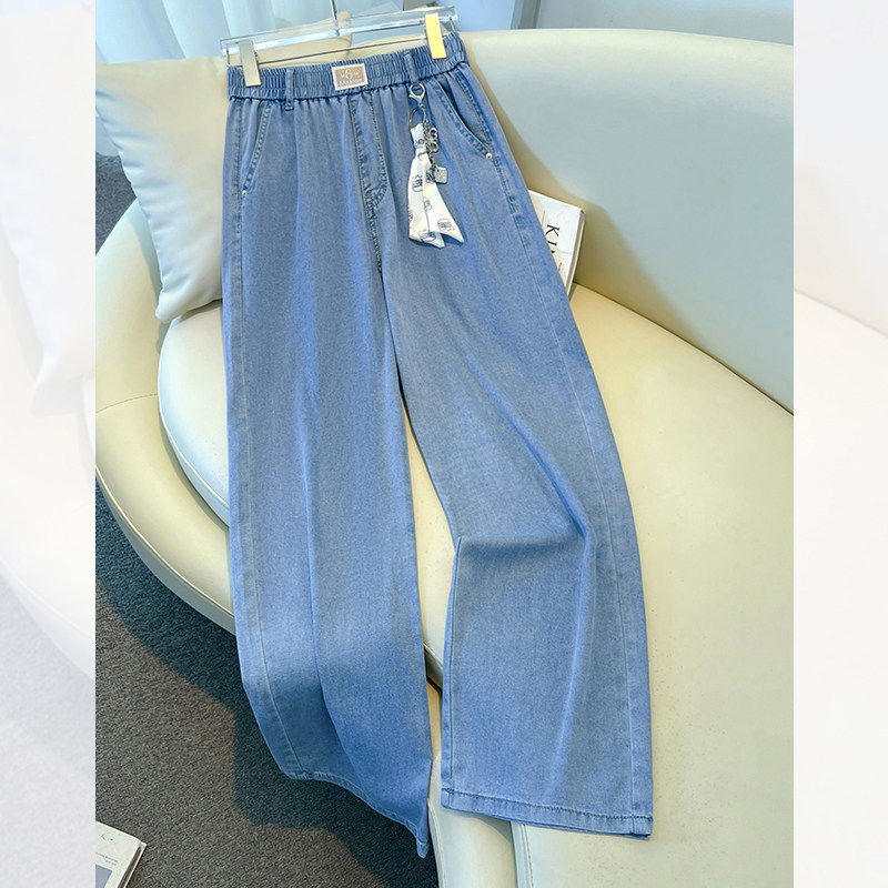 浅蓝色天丝阔腿牛仔裤女夏季薄款2026新款高端小个子莱赛尔直筒裤