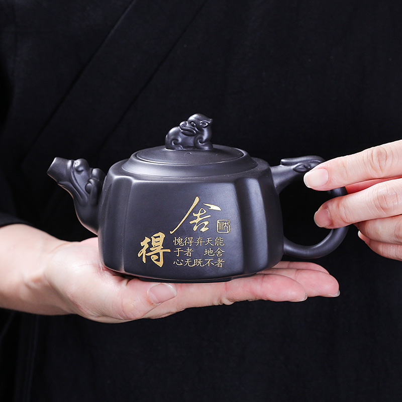 高品质紫砂壶茶壶四方龙壶大容量家用茶具朱泥黑泥鎏金手绘功夫茶